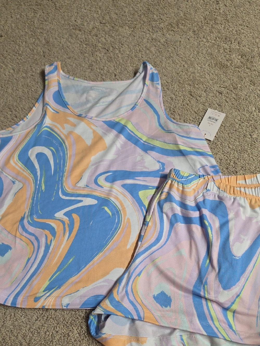 Joyspun Pastel Swirl Tank & Shorts Pajama Set - Blue, Peach, Lavender PJs Sz L